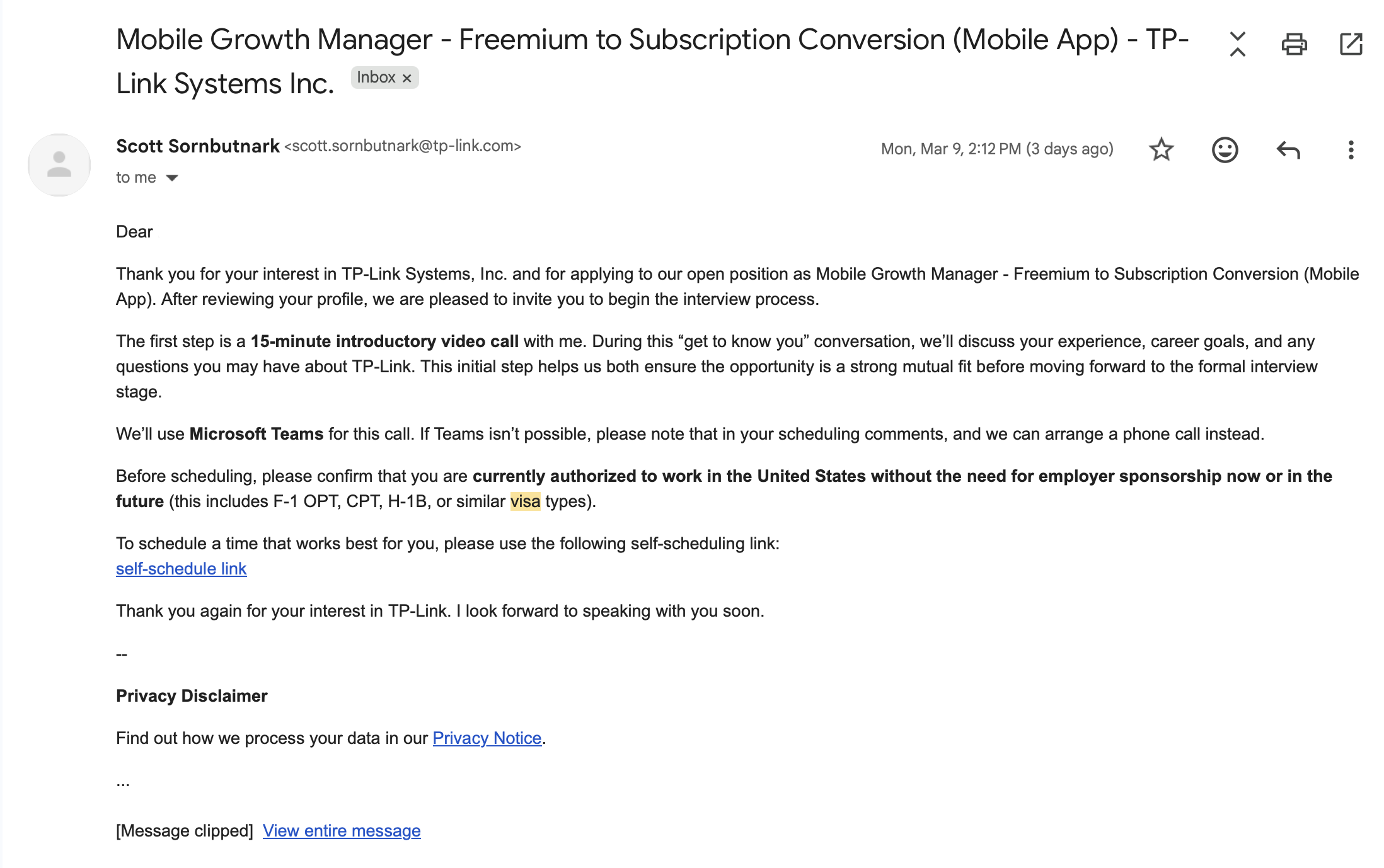 TP-Link interview invite